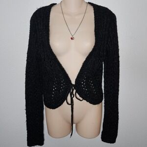 BCBGGirls Black Sparkly Cardigan Sweater Tie Front Mesh Knit